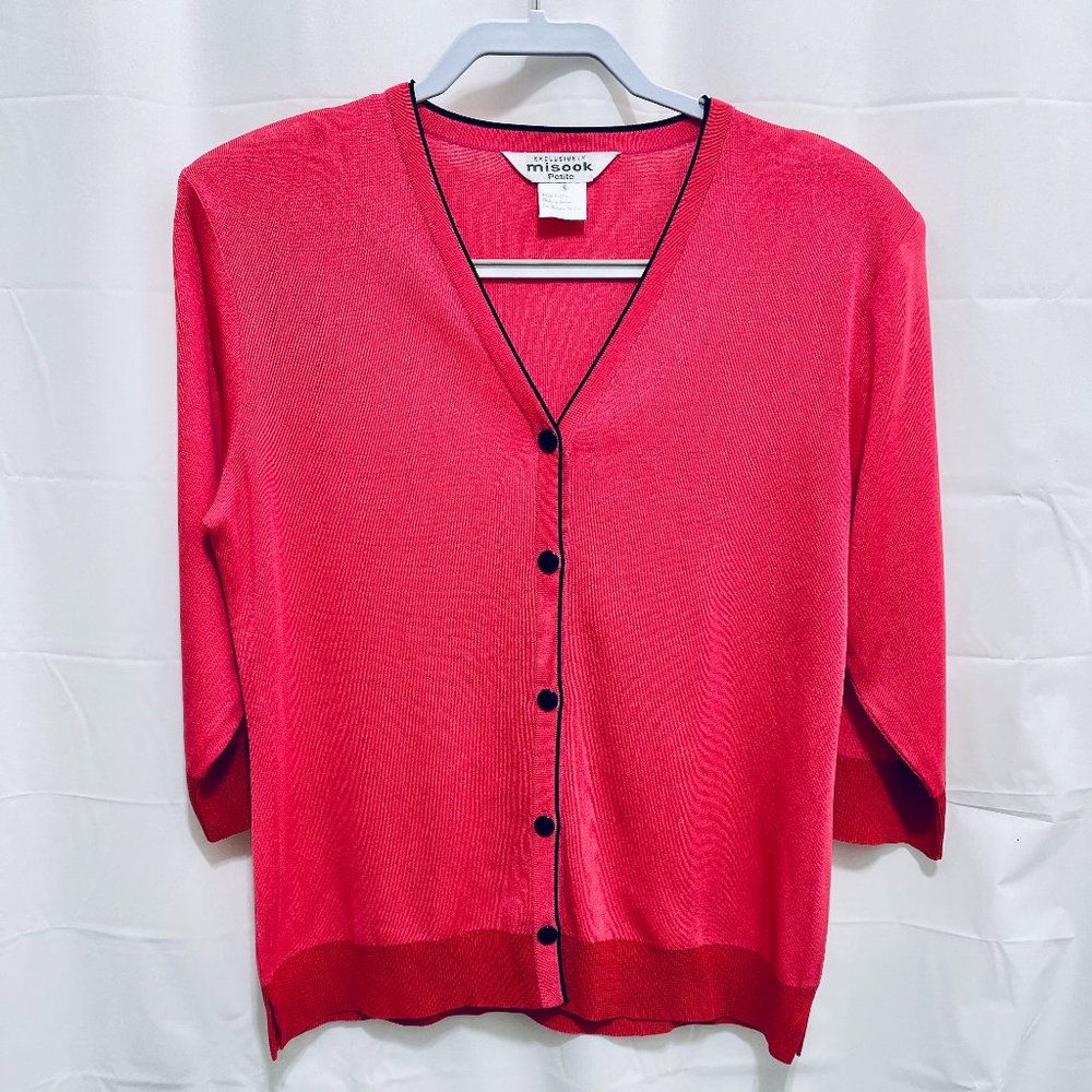 Exclusively Misook  Button Front Knit Sweater Top, Pink/red, Sz S, PEM22RL